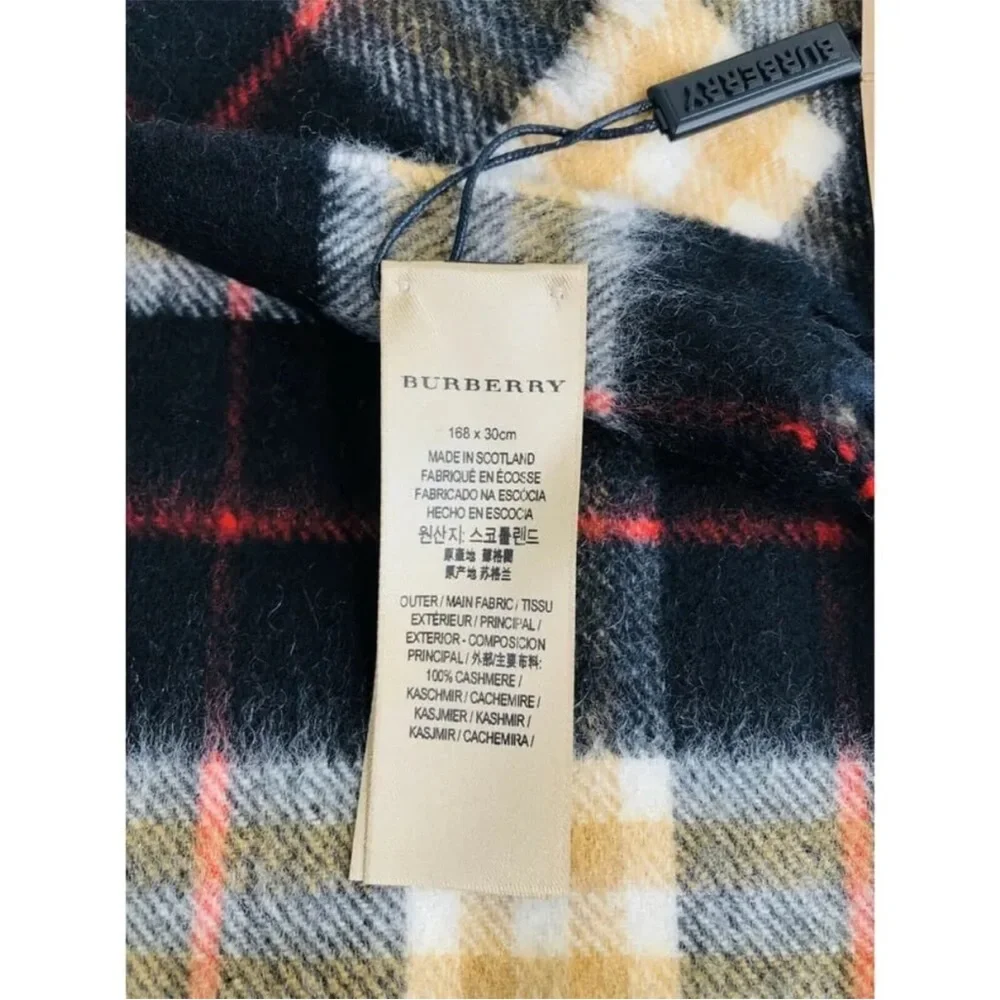 Burberry Cashmere Vintage Check Black Striped Logo Fringed Scarf